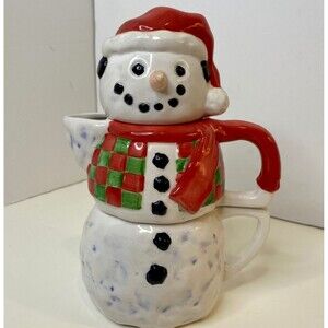 Christmas Snowman Stacking Mug Red White Ceramic Set Stackable Winter 3D - 3